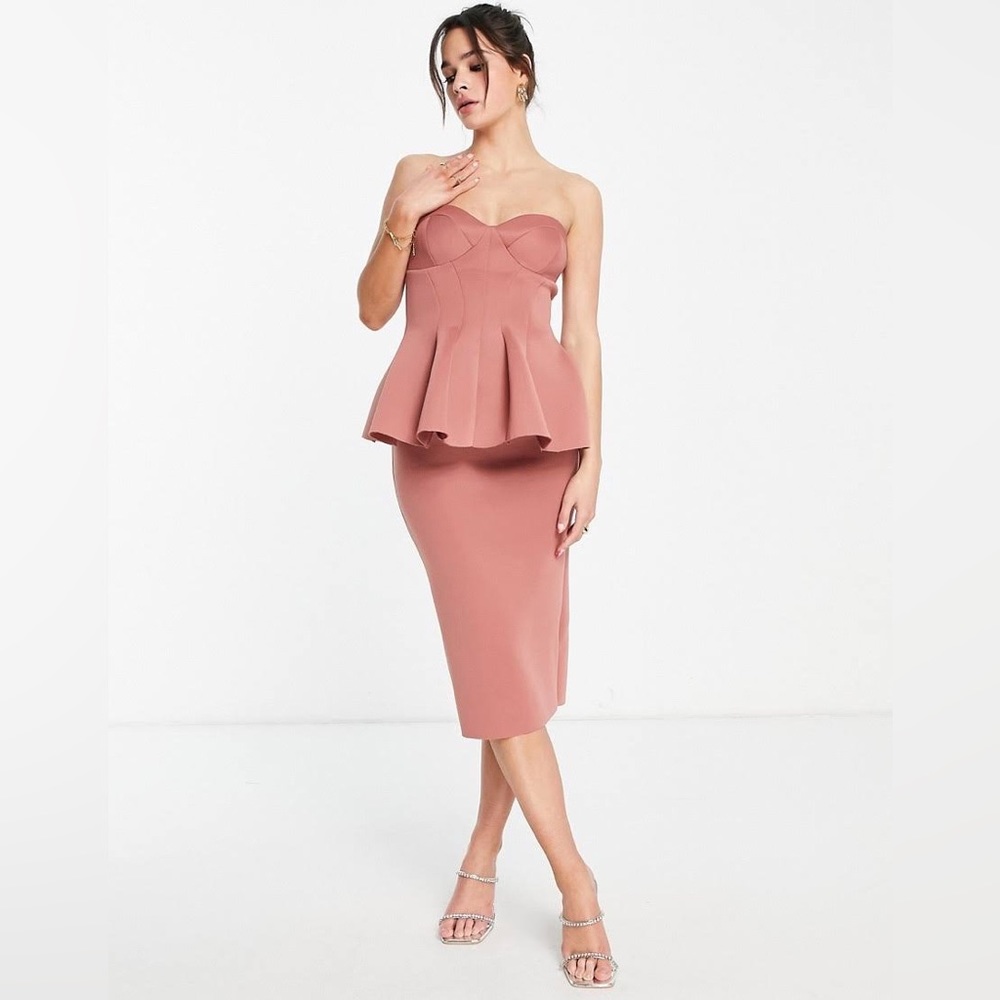 ASOS DESIGN Dome Strapless Peplum Midi Dress in Pink size 10